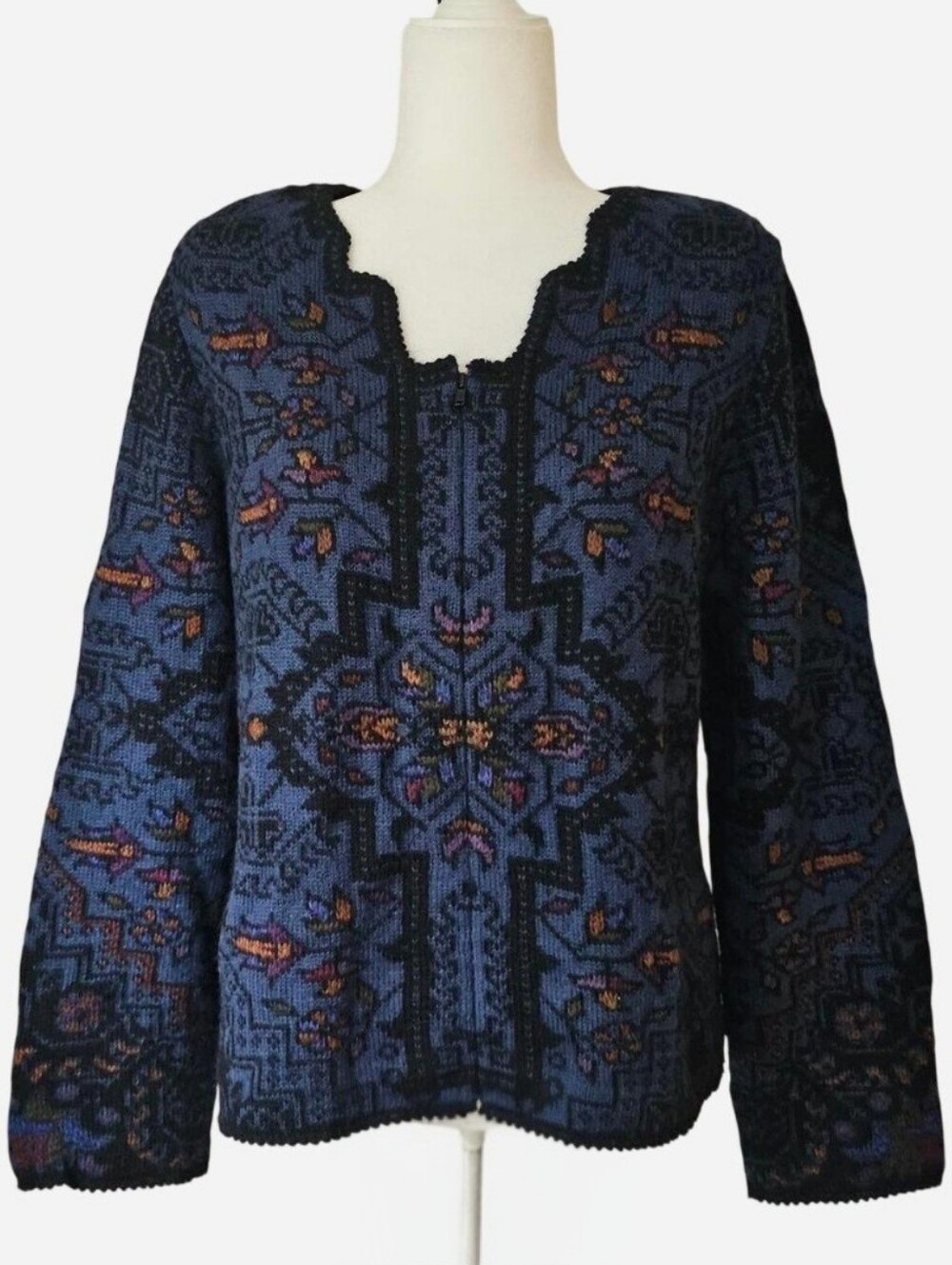 PERUVIAN CONNECTION Women's Multicolor Patterned Knit Zip-front Cardigan. Size L